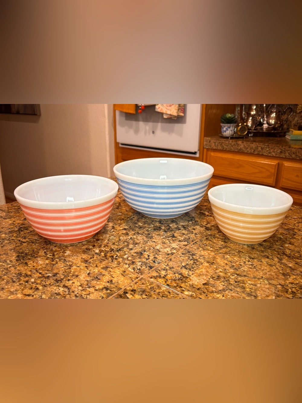 Vintage Pyrex Rainbow Stripes Mixing Bowls Set of 3 Pink Blue Sandlewood 1960s